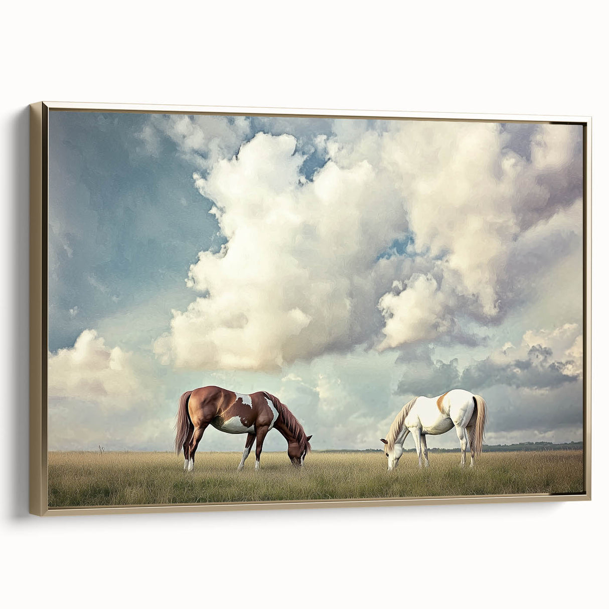 Framed canvas art showcasing a serene landscape of rolling fields with vibrant green hues and a gold ornate frame, perfect for home decor and artistic ambiance.