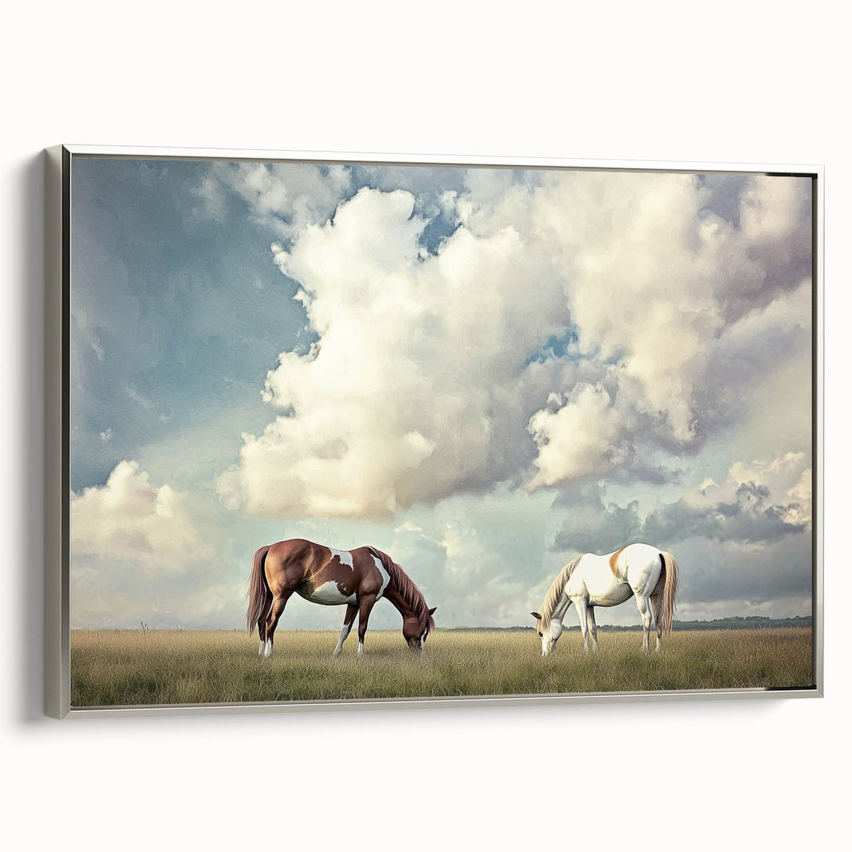 Framed canvas artwork depicting a serene landscape with golden fields and a silver frame, showcasing a modern aesthetic suitable for home decor. Ideal for enhancing living spaces with a nature-inspired theme.