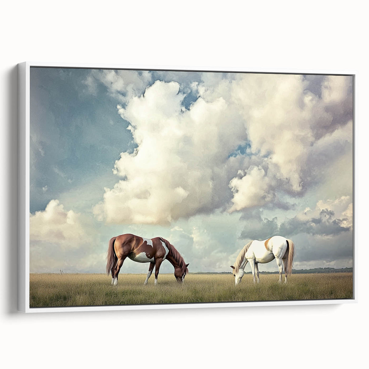 Framed canvas print of serene landscapes with lush green fields, showcasing a white frame and side view, perfect for enhancing home decor and creating a calming atmosphere.