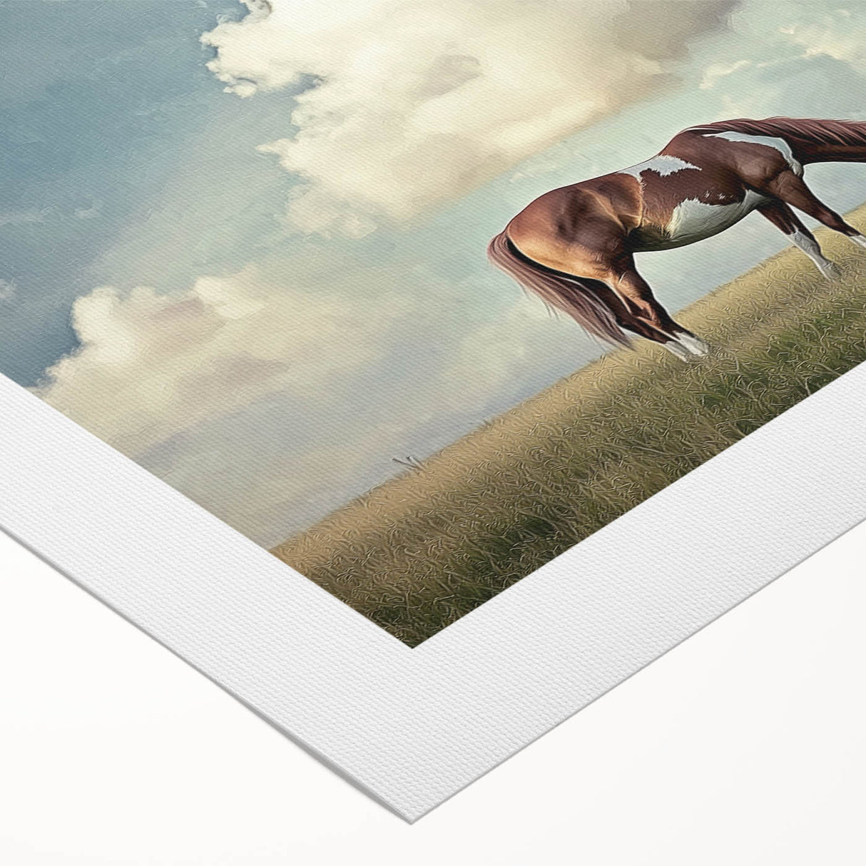 Vibrant rolled canvas showcasing a serene landscape with lush green fields under a clear blue sky, elegantly packaged in a protective cardboard tube for safe transport.