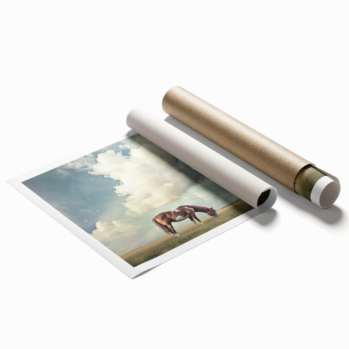 Vibrant rolled canvas print showcasing a serene landscape of golden fields under a blue sky, elegantly packaged in a protective cardboard tube for safe delivery.