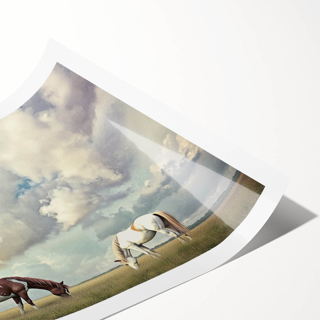 Vibrant rolled canvas print showcasing a picturesque landscape of lush green fields under a clear blue sky, elegantly packaged in a protective cardboard tube for easy transport and display.
