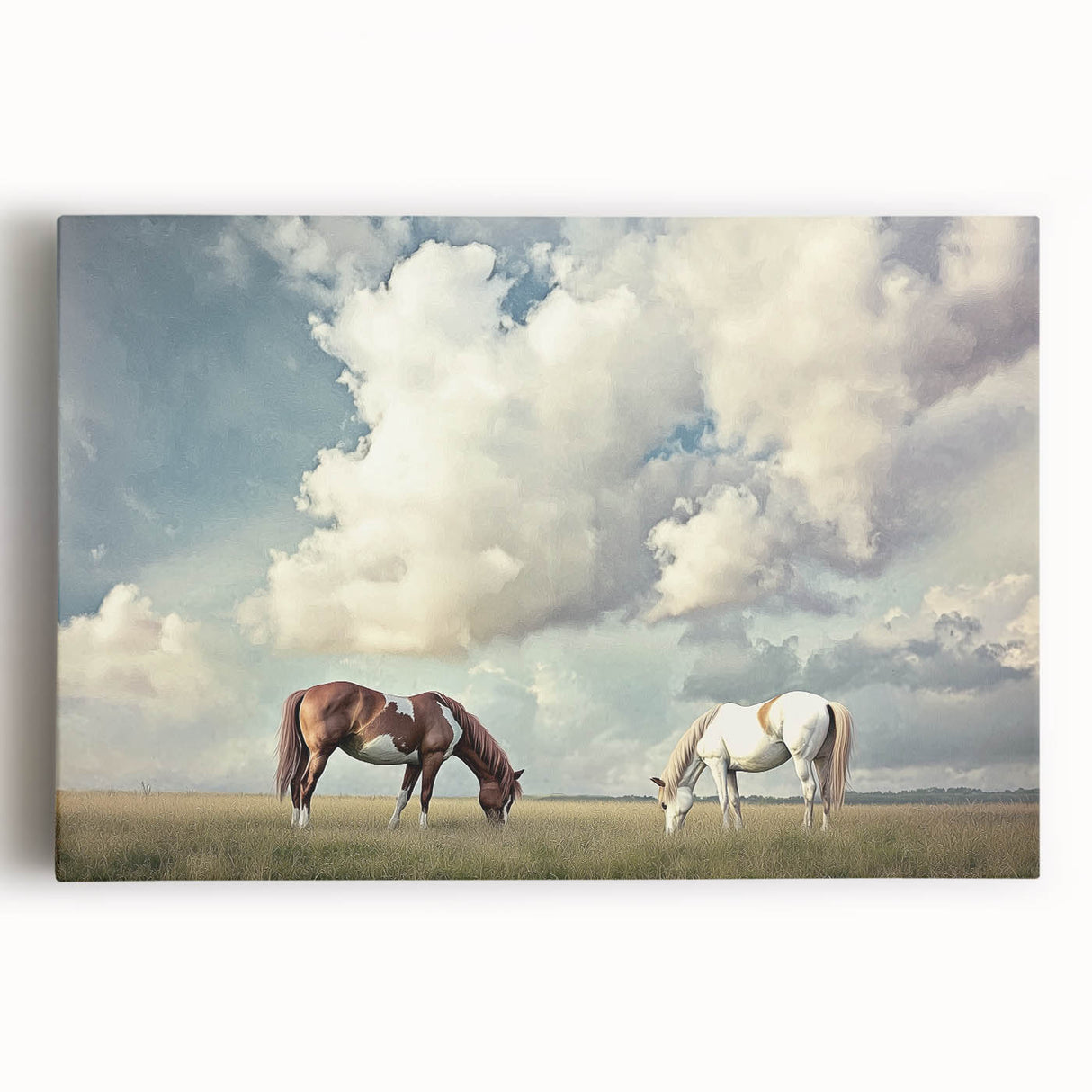 Stretched canvas artwork depicting serene green fields under a bright blue sky, perfect for home decor with a nature theme. Ideal for adding tranquility to any space.