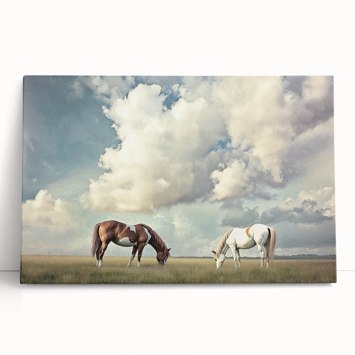 Stretched canvas artwork depicting vibrant green fields under a bright blue sky, showcasing the beauty of nature, perfect for home decor and landscape enthusiasts.