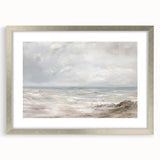 Silver landscape frame with a mat, showcasing a scenic artwork, beautifully reflecting light, perfect for home decor or gallery display, enhancing any interior space.