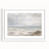 White-framed landscape artwork featuring a serene mountain scene with a soft color palette, ideal for home decor or office aesthetics.