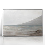 Framed acrylic landscape art featuring a serene mountain view with vibrant colors, set in a sleek white frame, perfect for modern home decor.