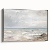 Framed canvas artwork showcasing a serene landscape with vibrant colors, featuring a silver frame and side view display, ideal for home decor and artistic ambiance.