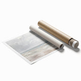 Rolled landscape art print showcasing vibrant colors and intricate details, designed for home decor. Packaged securely in a durable cardboard tube for protection during shipping.