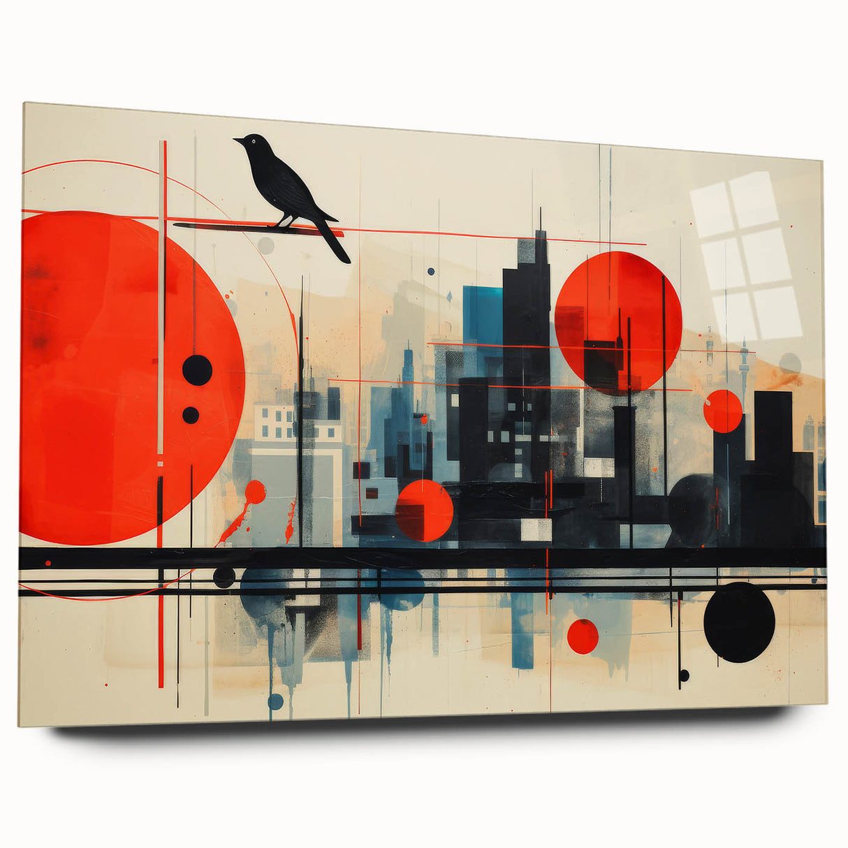 Acrylic print of a large abstract depiction of London scenery, using muted blue and gray tones.