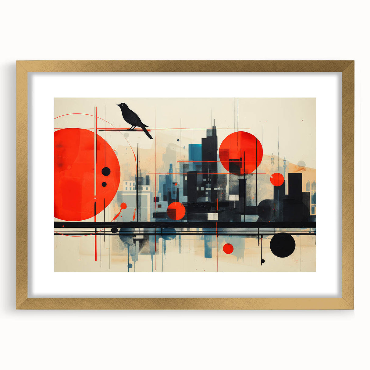 Abstract art print of London scenery in muted gold and blue tones on a framed poster, suitable for dining room decor.