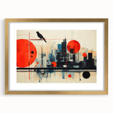 Abstract art print of London scenery in muted gold and blue tones on a framed poster, suitable for dining room decor.