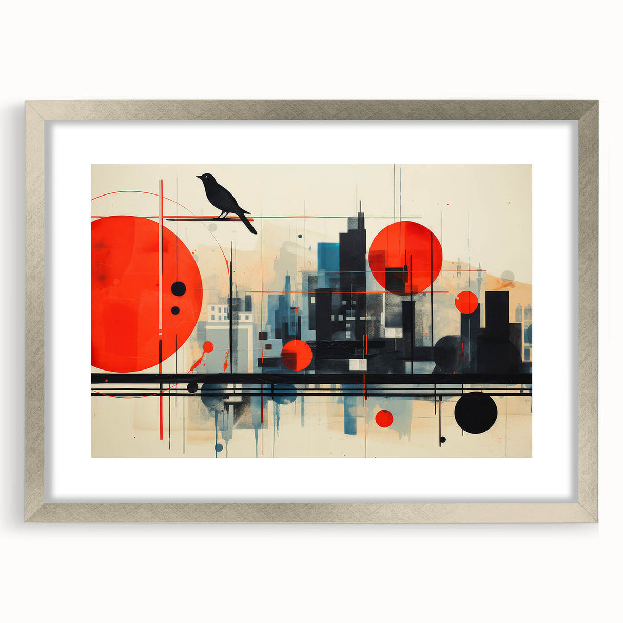 Extra large abstract art print of London scenery in muted gray and blue tones, framed with a silver mat.