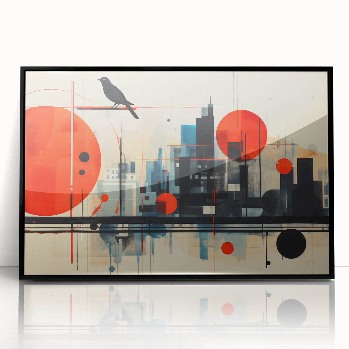 Large abstract wall art depicting the London skyline in muted gray and blue tones, framed in black acrylic.
