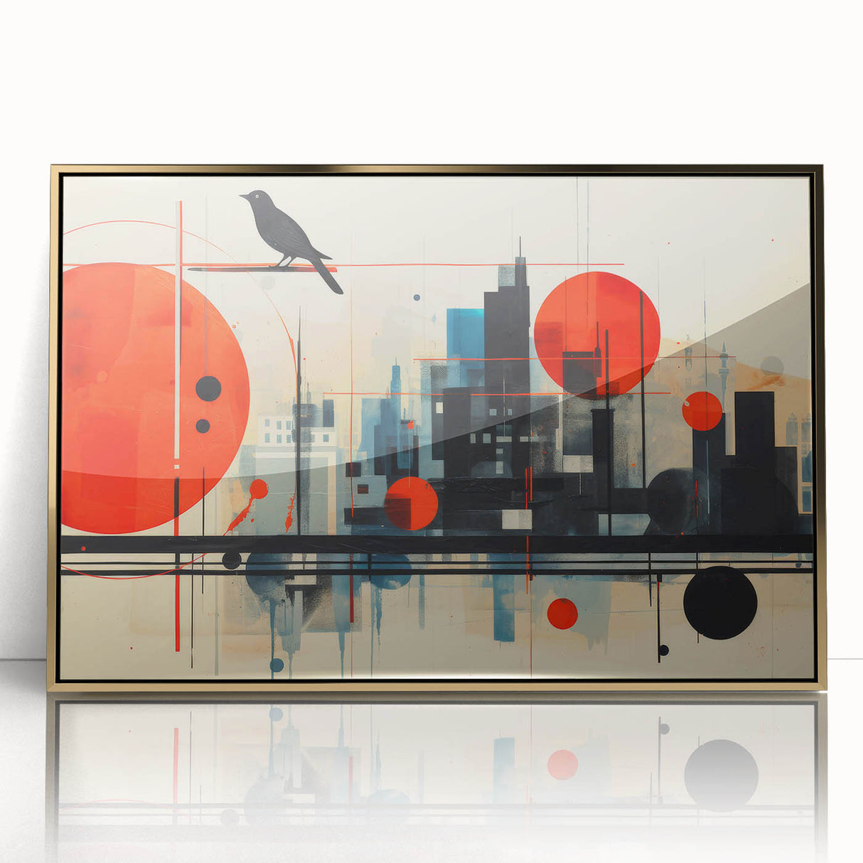 Art deco poster of London scenery in gold acrylic frame, ideal for modern nursery wall art.