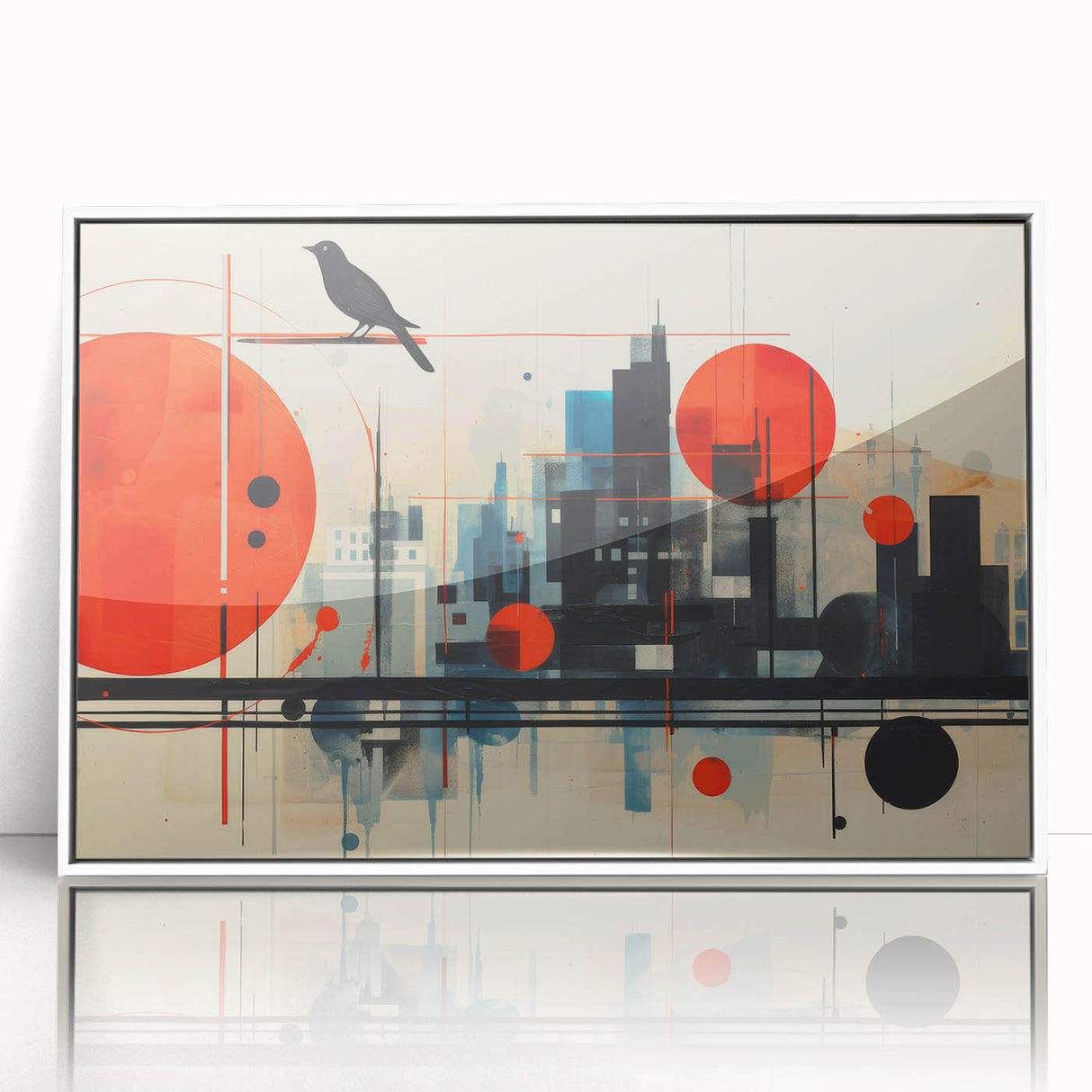 Mid-century modernist art depicting London scenery in muted colors on white framed acrylic, suitable for nursery wall art.