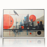 Mid-century modernist art depicting London scenery in muted colors on white framed acrylic, suitable for nursery wall art.