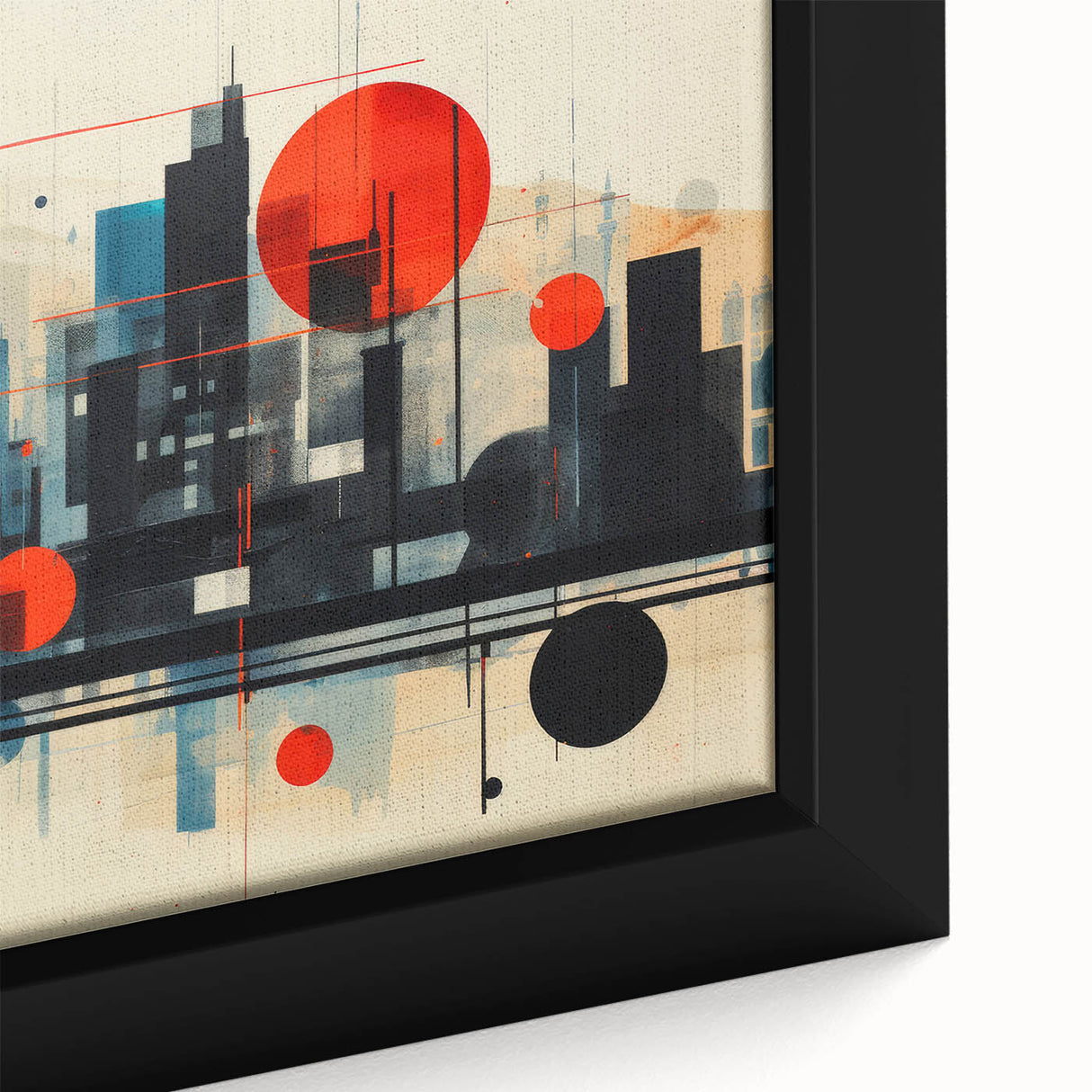 Extra large framed canvas featuring a textured depiction of the London skyline in black with colorful accents.