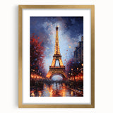 Abstract art print of Paris scenery in muted gold and blue tones on a framed canvas, suitable for dining room decor.