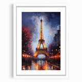 Textured art print of an abstract Paris skyline in muted gray and blue tones, framed with a white mat, ideal for bedroom art.