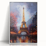 Mid-century modernist art depicting a serene Parisian street scene in muted pastel shades, framed white acrylic.