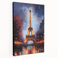 Large Paris skyline print on stretched canvas with soft gray and blue tones, suitable for kitchen wall art.