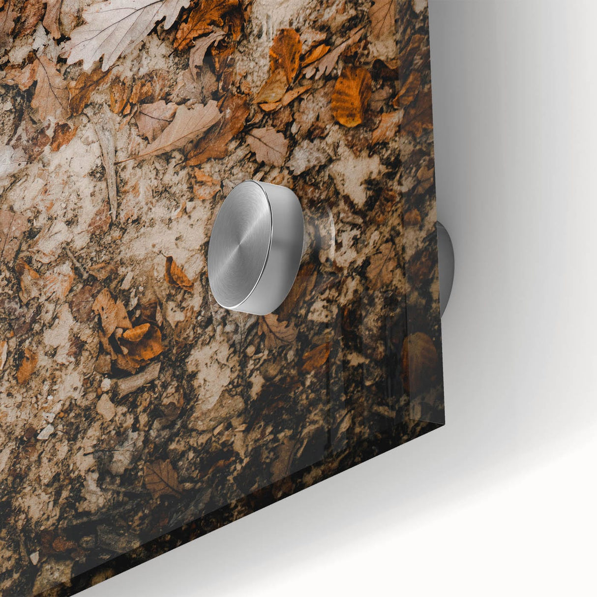 Large abstract wall art in warm autumn hues on acrylic glass, perfect for dining room ambiance.