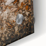 Large abstract wall art in warm autumn hues on acrylic glass, perfect for dining room ambiance.