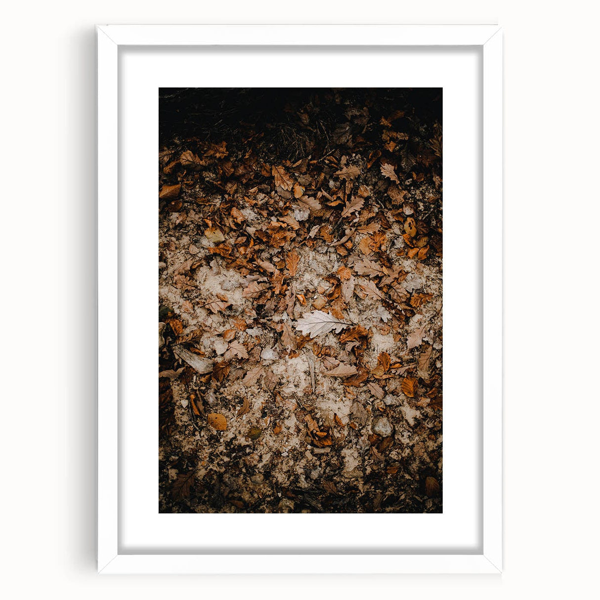 Extra large abstract art print with textured autumn hues on a white framed canvas, ideal for living room decor.