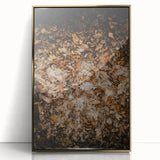 Large art print depicting a mid-century modernist fall scene in warm gold tones, framed acrylic.