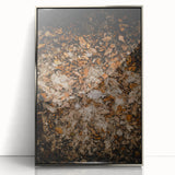 Mid-century modernist art depicting an abstract autumn landscape in warm orange tones, framed in silver acrylic.