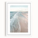 Abstract art print featuring vibrant summer shades on a white-framed canvas, ideal for dining room decor.