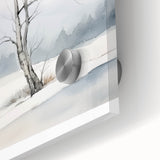 Large abstract wall art in cool blue and white tones on acrylic glass, depicting a winter theme, ideal for dining room art.