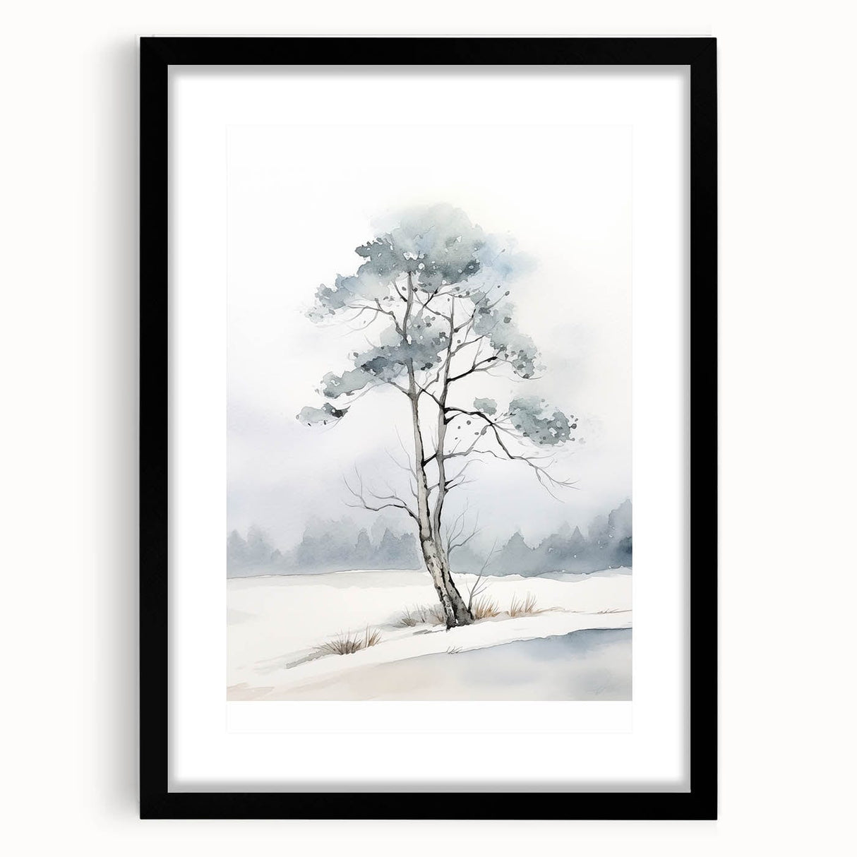 Extra large abstract art print with textured, colorful art depicting winter themes in a black frame.