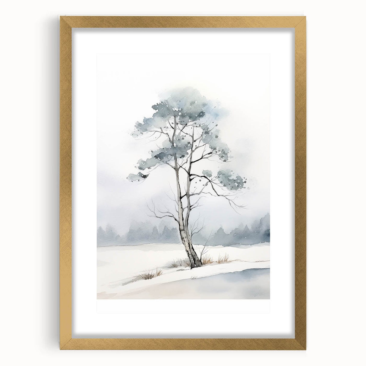 Extra large abstract art print featuring textured swirls in cool blue and white tones, framed in gold.