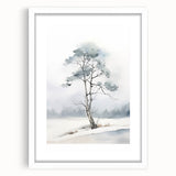 Abstract art print depicting winter-themed elements in muted blue and white tones on a framed canvas.