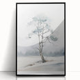 Large abstract wall art depicting a winter scene in muted blue and white tones on a framed acrylic.