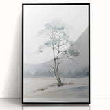 Large abstract wall art depicting a winter scene in muted blue and white tones on a framed acrylic.