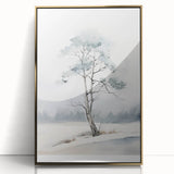 Mid-century modernist winter scene in muted blues and whites on a framed acrylic, ideal for modern art wall decor.