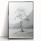 Mid-century modernist art featuring a winter theme in muted blue and white tones, framed acrylic print.