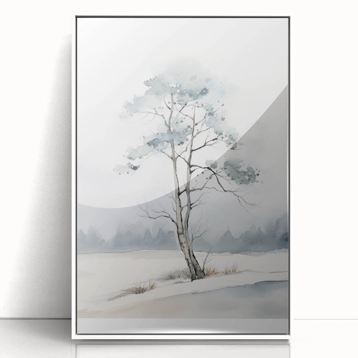 Art deco poster depicting a stylized winter scene in muted blue and white tones on framed acrylic.