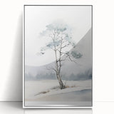 Art deco poster depicting a stylized winter scene in muted blue and white tones on framed acrylic.