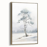 Winter landscape painting on framed canvas, featuring muted gray and white tones, ideal for bedroom wall art.
