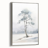 Vintage poster art of a winter landscape on framed canvas, featuring muted cool tones, ideal for living room decor.