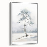 Vintage poster art of a winter scene on framed canvas, featuring a monochrome palette, ideal for living room decor.