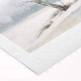Art deco poster featuring a serene winter scene with soft blue and white tones on rolled canvas.
