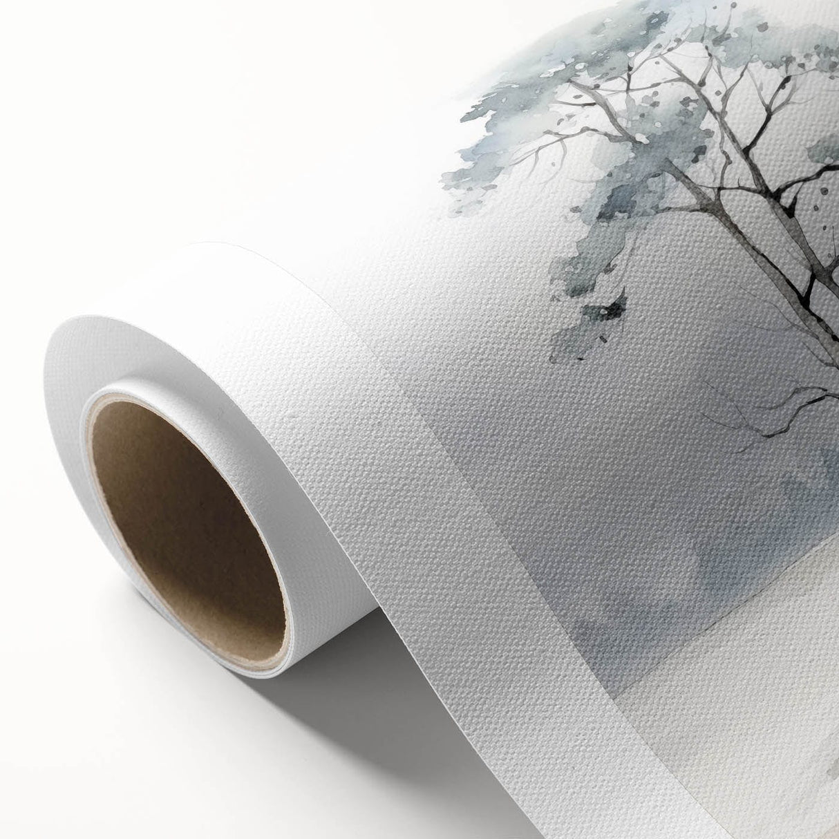 Art Deco poster featuring a winter scene on rolled canvas, with cool blue and white tones.