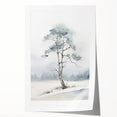 Winter-themed floral art on a rolled print, featuring cool blue and white tones, suitable as art wall dining room decor.
