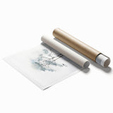 Winter-themed floral art on rolled canvas, showcasing muted blues and whites.