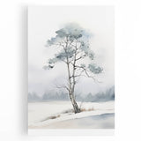 Winter tree silhouette in black and white on large stretched canvas, fitting for kitchen wall art.